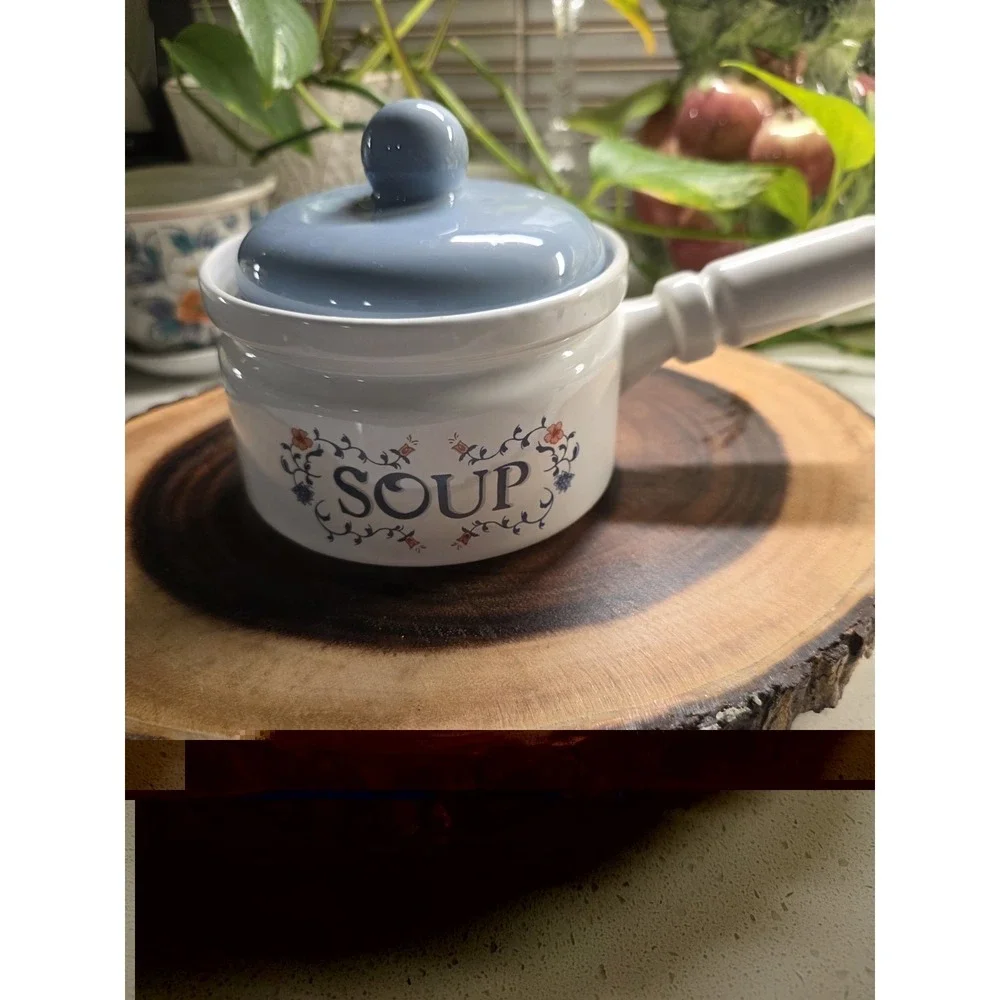 2 Heritage Stoneware Soup Bowl W/Handle Lid Crock Jay Porcelain Flowers